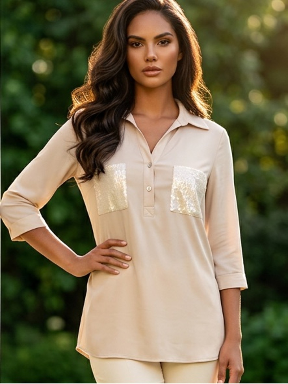 Joseph Ribkoff Cream Sequin Button Down Tunic